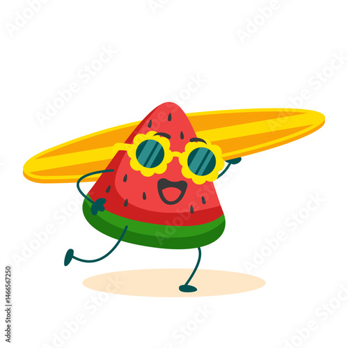 watermelon slice mascot running while carrying a surfboard illustration