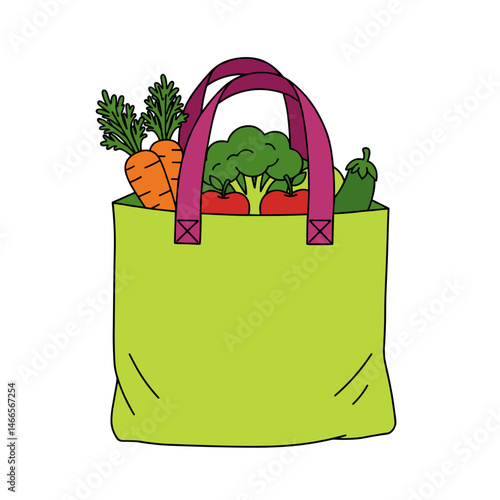 Fresh vegetables in a reusable tote bag against a white background  