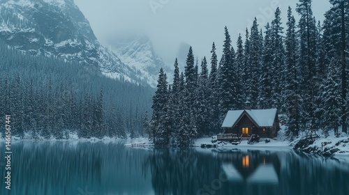 A tranquil winter cabin nestled by a serene lake and snow-capped mountains.