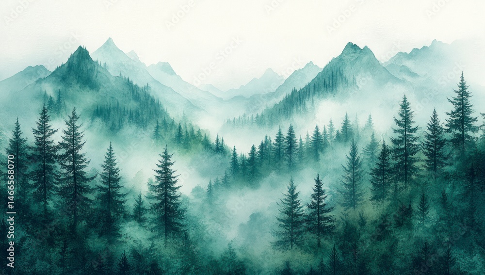 Obraz premium Verdant forest, misty mountains, serene landscape