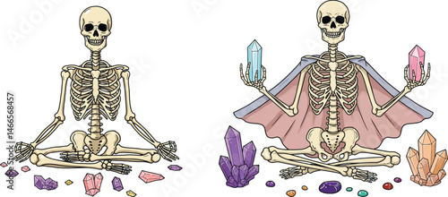 Halloween Skeleton Meditating with Colorful Crystals