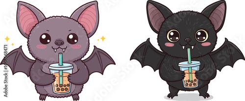 Kawaii Bats with Boba Drink Illustration, miling Bat Characters Holding Cups of Boba with Pearls