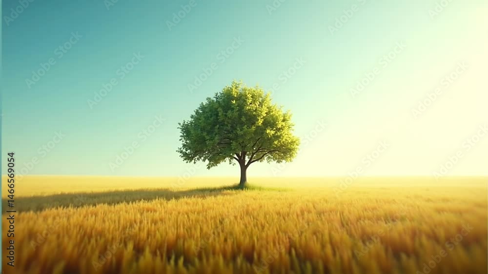 Lush green tree standing alone in golden wheat field Lush green tree standing alone in golden wheat field