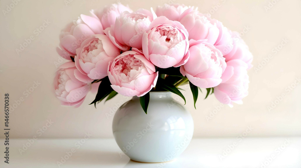 A bouquet of delicate pink peonies in a blue ceramic vase on a light background, with green leaves and a focus on the freshness and elegance of the flowers. A bouquet of delicate pink peonies in a blue ceramic vase on a light background, with green leaves and a focus on the freshness and elegance of the flowers.