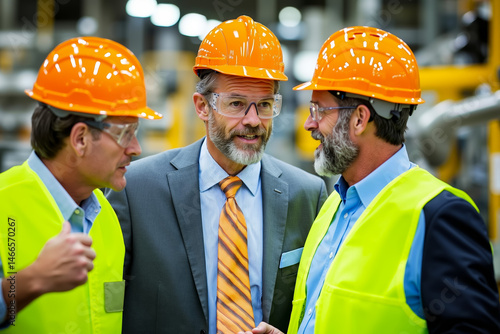 A group of men wearing hard hats talking to each other