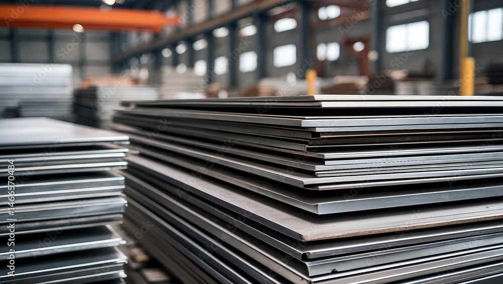 Close up of stacked stainless steel sheets in warehouse Close up of stacked stainless steel sheets in warehouse