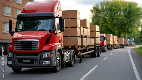 A row of red semi-trucks loaded with cardboard boxes drives on a gray asphalt road, lined with green trees and a multi-story beige building. The natural lighting highlights the scene, showing the