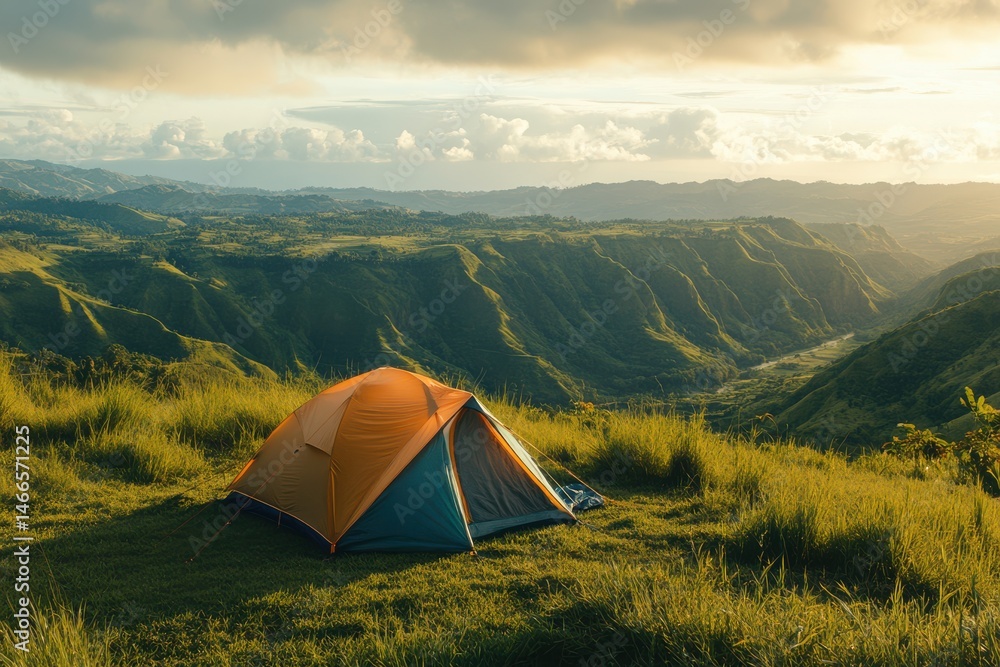 Scenic campsite overlooking lush green valleys at sunset in the mountains Scenic campsite overlooking lush green valleys at sunset in the mountains