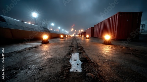 Night view of a container yard with illuminated safety cones, railway tracks, and shipping containers under cloudy sky