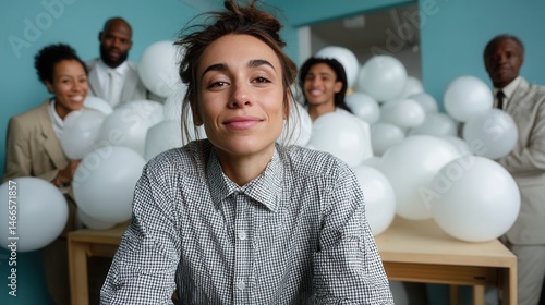 Confident young woman smiling in front of diverse team holding white balloons in creative workspace