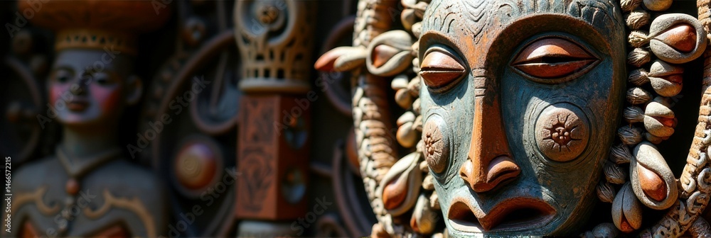 Intricate wooden african masks with detailed carvings in vibrant sunlight Intricate wooden african masks with detailed carvings in vibrant sunlight
