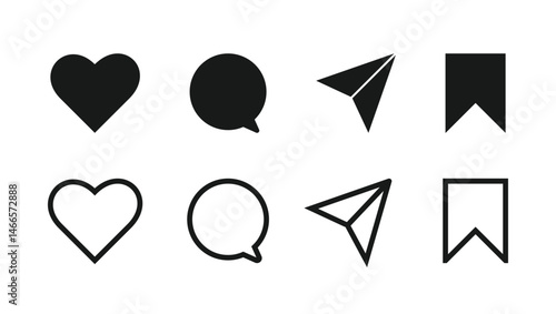 Set of social media icons. Flat line art stock illustration. black and white