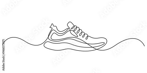 Sports shoe continuous one line drawing on white background concept of shoe business, Sport Sneaker shoes in one continuous line art drawing style, sneakers are drawn with single line. Sports shoes. P