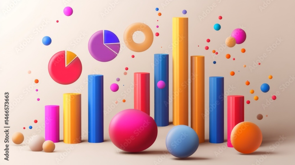 Fototapeta premium D bars and pie chart graphics in vivid colors, floating in space against a neutral backdrop for a visually impactful design