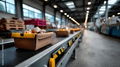 Conveyor Belt with Rocks in a Warehouse or Industrial Facility with Blurred Background