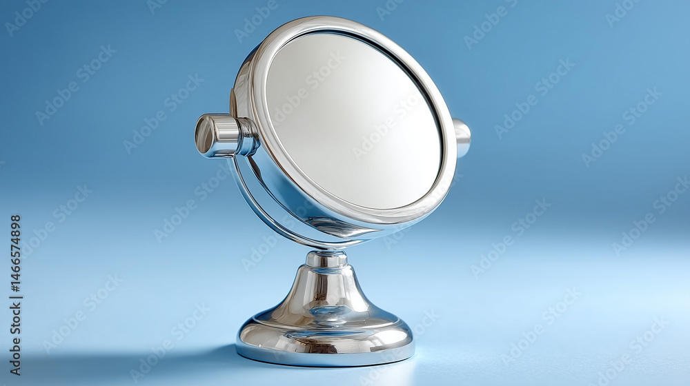 Elegant Metallic Mirror on Clean White Surface with Soft Blue Background Elegant Metallic Mirror on Clean White Surface with Soft Blue Background