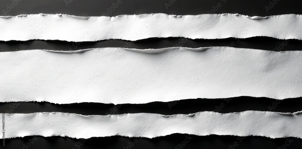 Fototapeta premium Close-up of torn white paper strips on black background, edges, paper, strips