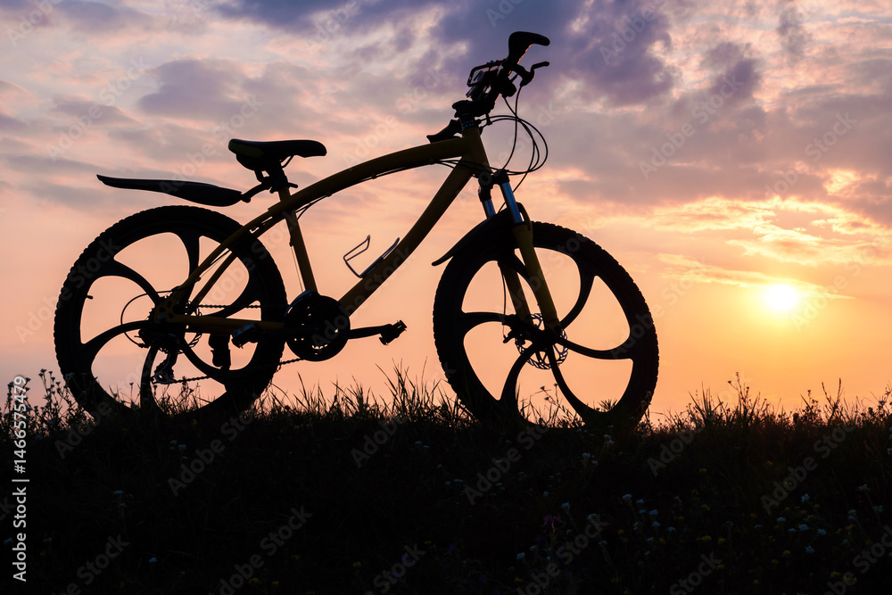 Fototapeta premium Silhouette of a bicycle or bike standing at sunset. no people.