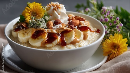 Creamy oatmeal with banana, nuts, whipped cream, and caramel syrup garnished with colorful flowers
