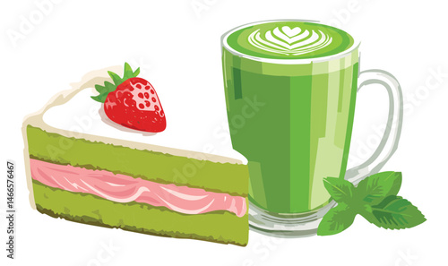 matcha strawberry cake with matcha latte drink - vector illustration