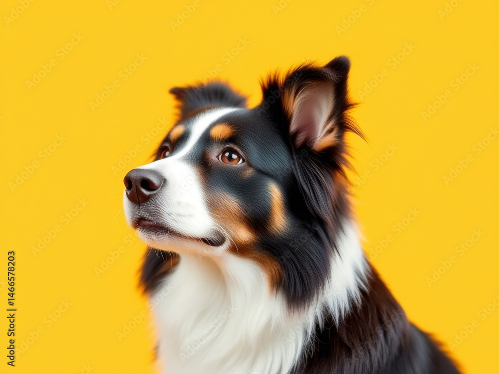 Close-up shot of a dog's face against a bright yellow background Close-up shot of a dog's face against a bright yellow background