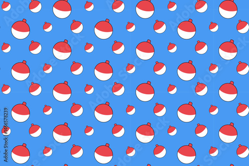 fishing buoy float colorful seamless pattern on blue background. bobber floating doodle pattern background. tackle bait fishing equipment pattern wallpaper for fisherman, angling, fishing merchandise