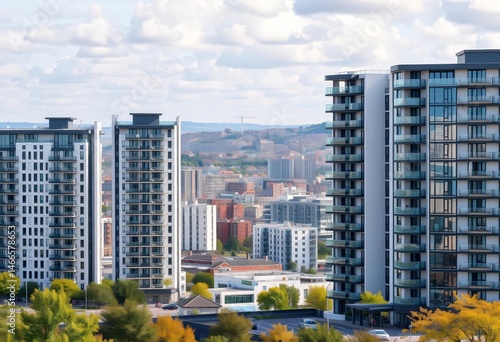 Sleek modern Dun Laoghaire apartment buildings against a vibrant cityscape,  concrete, modern