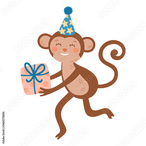 Cute colorful birthday monkey with gift. Animal character. Hand-drawn vector illustration in flat style.
