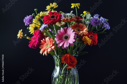 Wallpaper Mural Vibrant bouquet of assorted flowers in a glass vase against a dark background Torontodigital.ca
