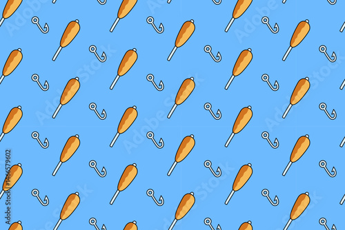 bobber float and hook fishing equipment colorful seamless pattern on blue background. buoy floating doodle pattern background. tackle bait lure pattern wallpaper for fisherman, angling merchandise