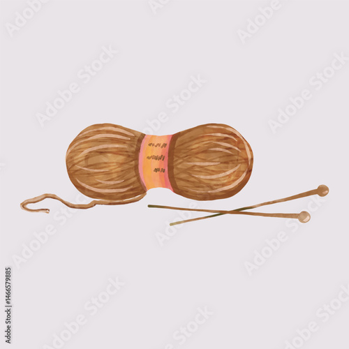 watercolor Ball of yarn with knitting needles in isolated background