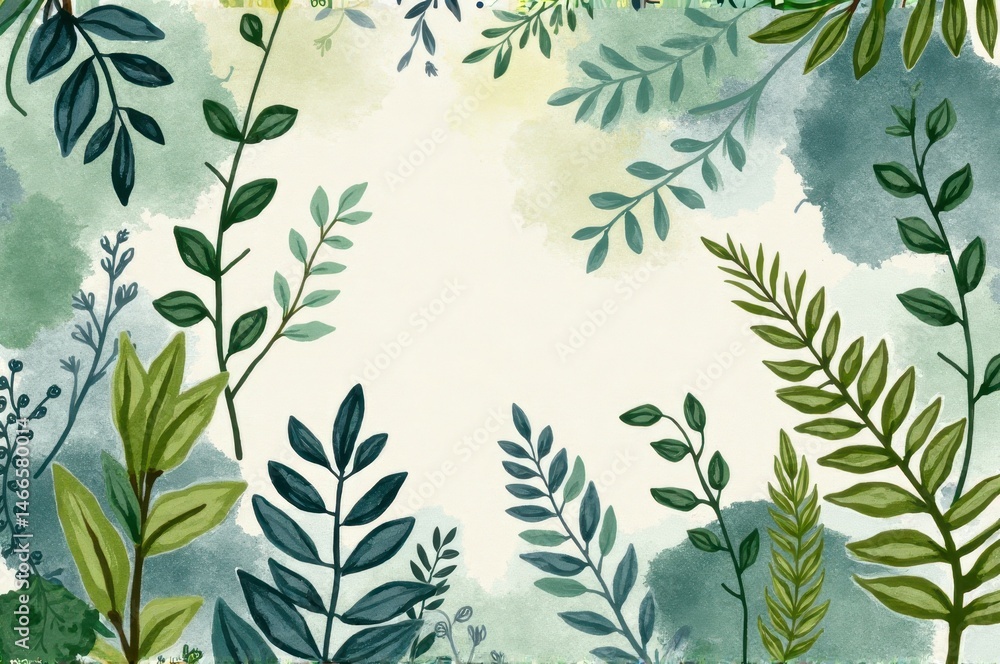 Fototapeta premium Watercolor botanical frame with lush greenery and soft pastel background