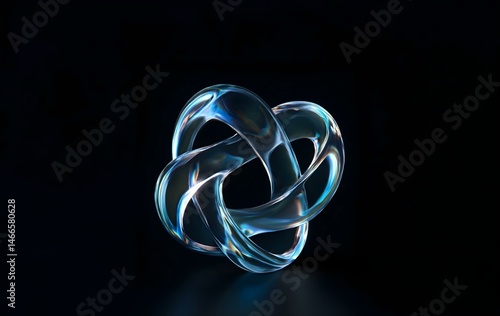 Glowing Abstract 3D Glass Sculpture with Shimmering Reflections. Transparent Iridescent Design