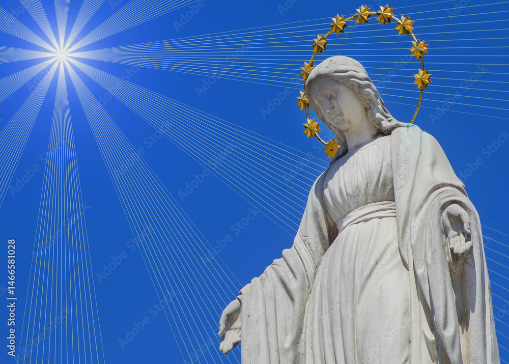 Virgin Mary Queen of heaven in the rays of the sun. Horizontal image.