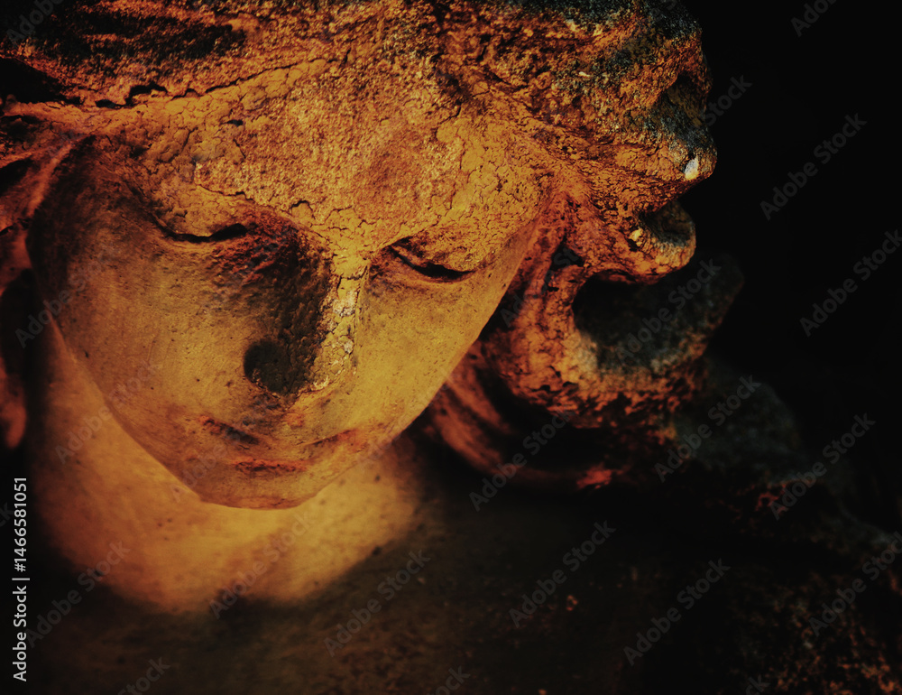 Guardian angel with wings. Fragment of an ancient statue. Close up.
