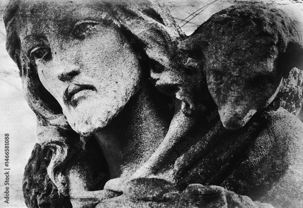 Fragment of retro styled image of ancient statue of Jesus Christ - the Good Shepherd. Black and white image.