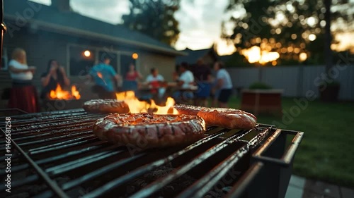 Close-up of sausages grilling on a barbecue grill in a backyard at sunset with friends and family in the background. The warm light and the smoky atmosphere create a cozy and inviting outdoor
