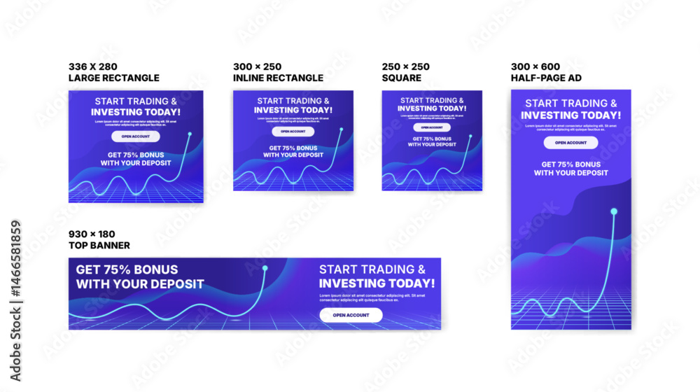 Fototapeta premium Start Trading & Investing Today. Advertising banners for investing, forex trading and cryptocurrencies. Web banner templates.