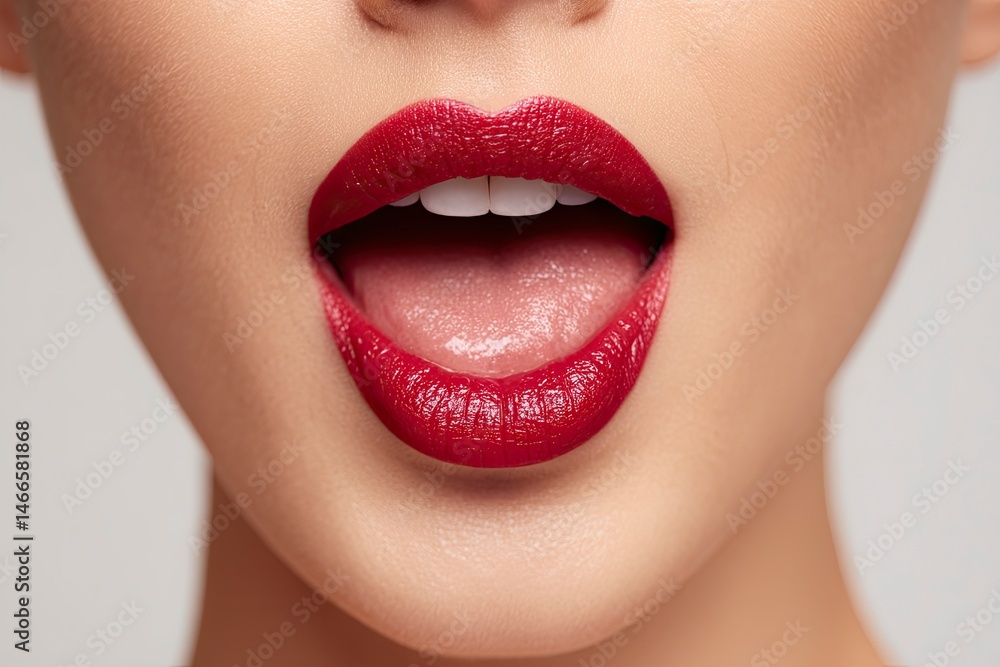 Fototapeta premium Red Lipstick on Open Mouth with Teeth and Tongue