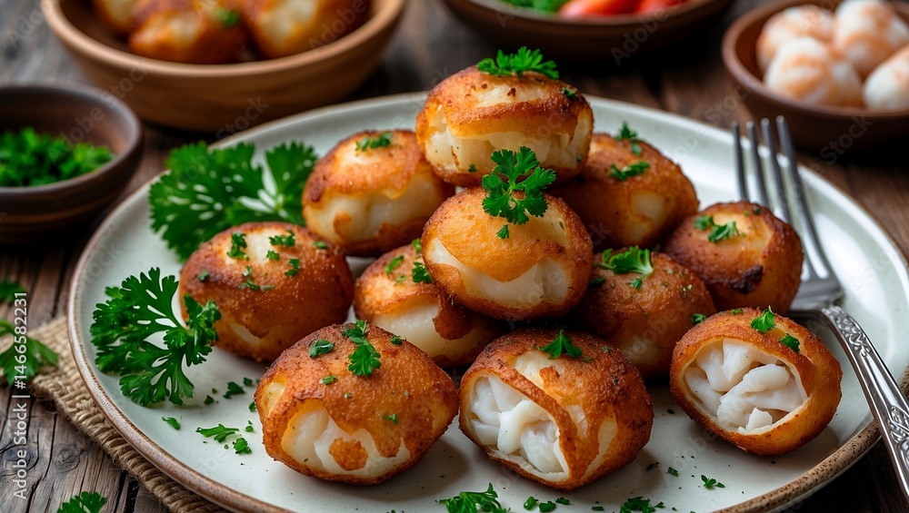 Delicious bacalhau fritters with parsley garnish Delicious bacalhau fritters with parsley garnish