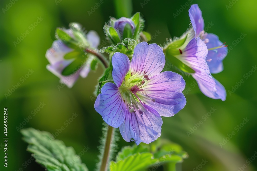 Fototapeta premium Delicate purple flowers bloom in a vibrant green meadow during sunny springtime