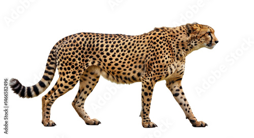 Elegant cheetah walking gracefully in a side profile view, its long tail extended for balance and sleek muscles clearly visible. Full body isolated on white.