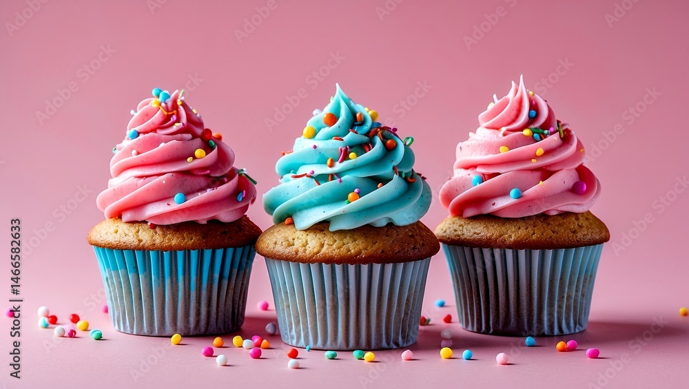 Delicious cupcakes on pink background for celebration Delicious cupcakes on pink background for celebration