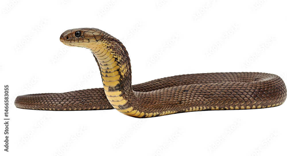 Fototapeta premium Menacing King Cobra slithering in a side view, its hood partially expanded and sharp eyes intensely focused. Venomous reptile isolated on a pristine white background.