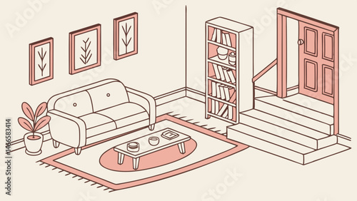 Hand-Drawn Illustration of Elegant Vintage Living Room with Plush Sofa, Retro Furniture, and Warm Lighting – Cozy Atmosphere in Muted Color Palette
