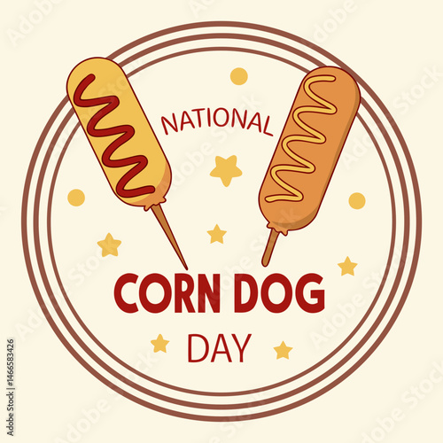 Vintage Style Circular Label for National Corn Dog Day Featuring Two Corn Dogs – Retro Minimalist Vector Illustration

