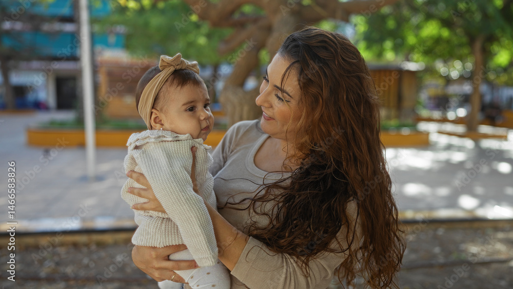 Fototapeta premium Woman holding cute baby girl in urban park, surrounded by trees, showcasing family love, bonding and joyous outdoor interaction during sunny day.