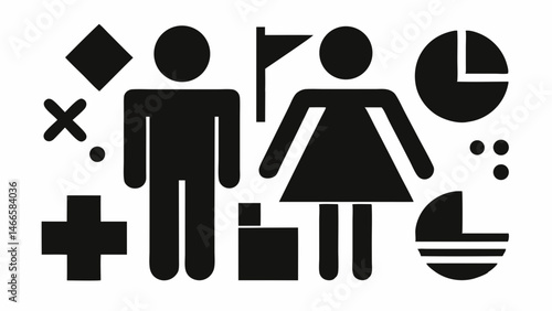 Modern gender equality symbol with geometric shapes representing social issues and demographics