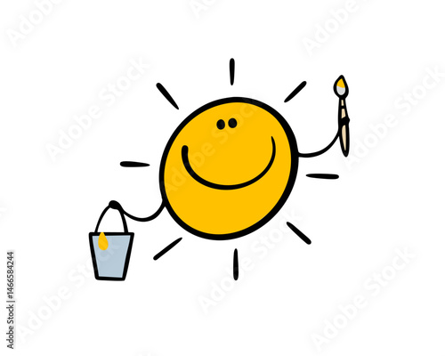 Funny bright sun with  human face smiles and holds a brush and a bucket of paint. Vector cartoon illustration of a cartoon character drawing a tan on people.