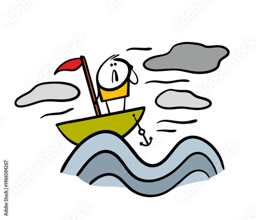Scared stickman on a small boat is fighting a storm in the open ocean. Vector illustration of  sea waves, strong wind and a ship with sailors. Natural disaster.